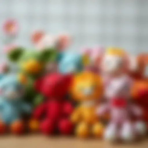 Colorful amigurumi toys displayed side by side