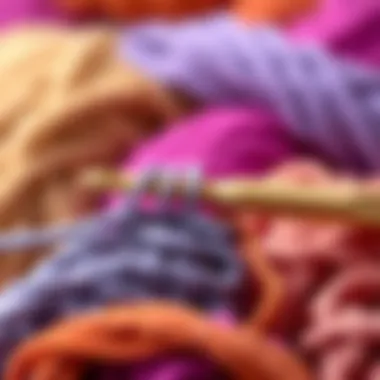 Close-up of a crochet hook with yarn in various colors