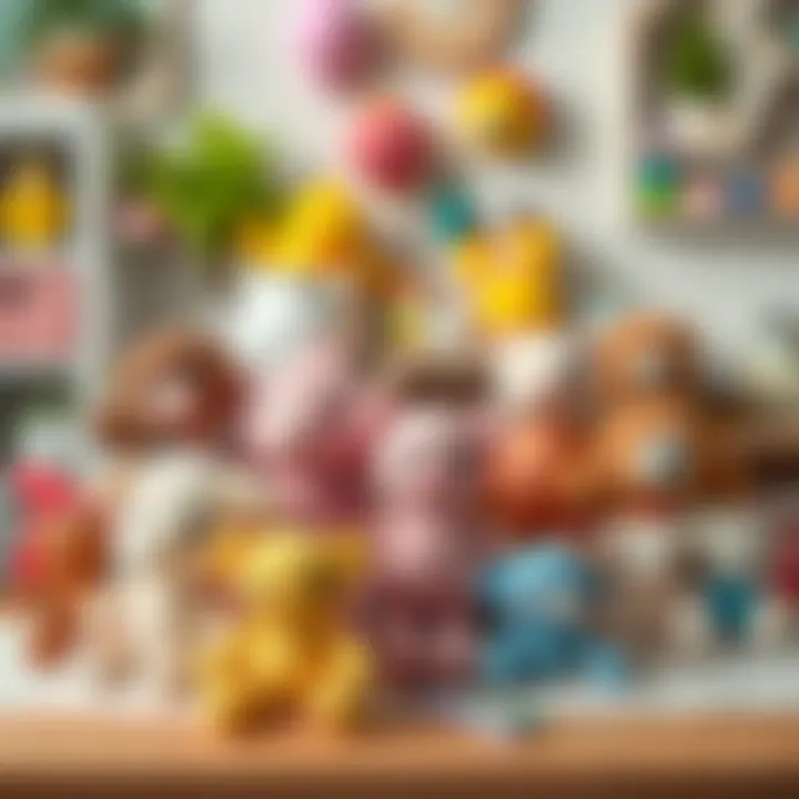 An array of completed amigurumi projects on a crafting table