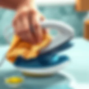 An iron being cleaned using a cloth and vinegar