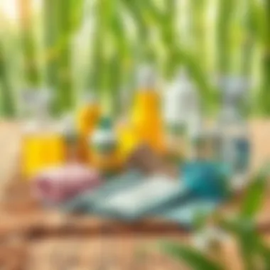 Cleaning supplies laid out for bamboo carpet maintenance