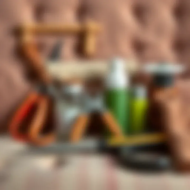 Tools and materials arranged neatly for upholstery repair