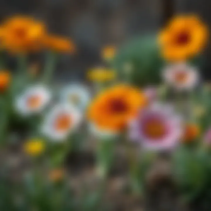 Flowers Flourishing in Pine Soil Vibrant flowers thriving in a garden bed filled with pine soil.