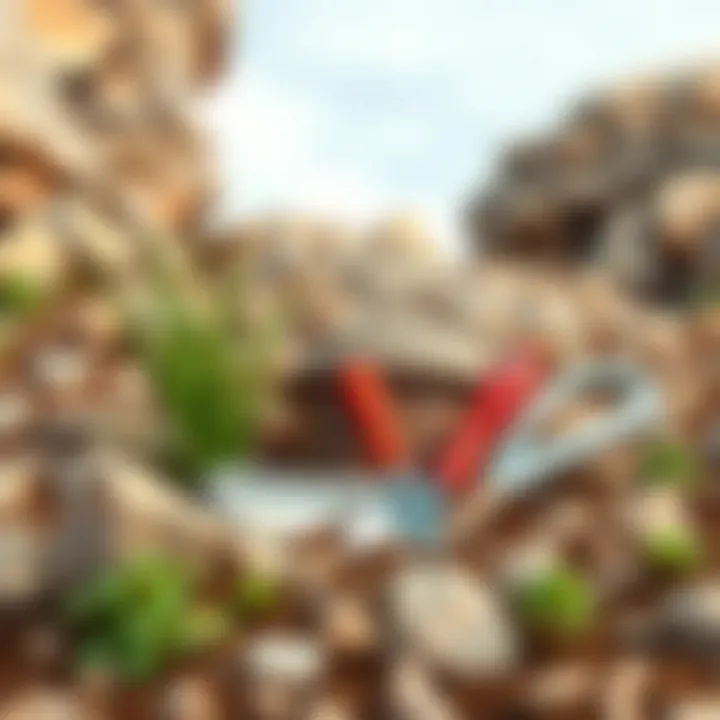 Gardening Tools in Rocky Terrain Gardening tools surrounded by rocky terrain