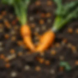 Vibrant carrot seeds spread across the gardening soil
