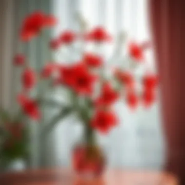 Red flowers arranged elegantly in a decorative indoor vase