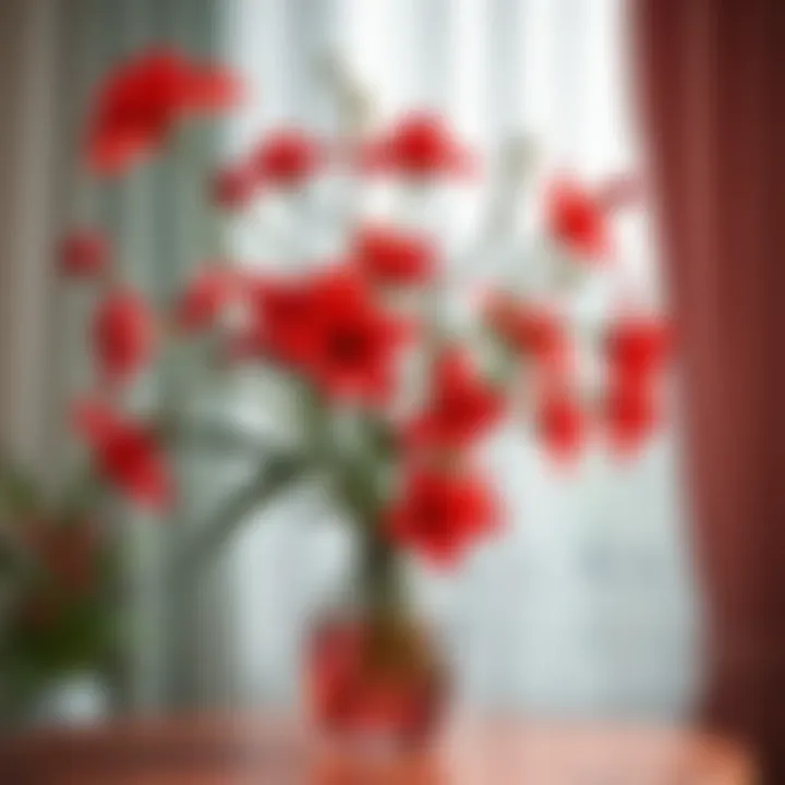 Red flowers arranged elegantly in a decorative indoor vase