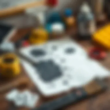 Ink stains on paper with cleaning supplies