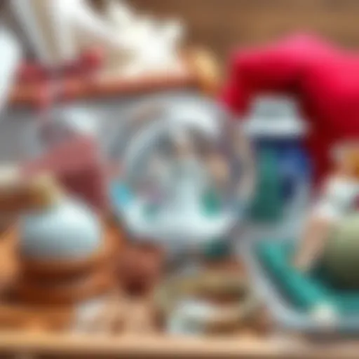 A collection of materials for snow globe creation including glass, glitter, and figurines