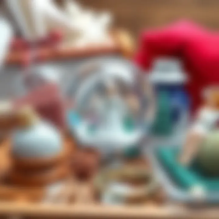 A collection of materials for snow globe creation including glass, glitter, and figurines