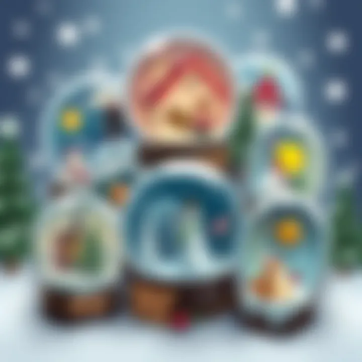 Artistic arrangement of completed snow globes showcasing various themes and designs