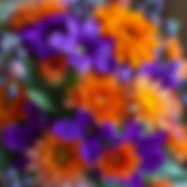 Floral Design with Purple and Orange Flowers A striking floral arrangement featuring purple and orange flowers.