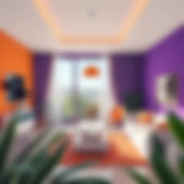 Modern Interior with Purple and Orange A vibrant blend of purple and orange colors in a modern interior design.