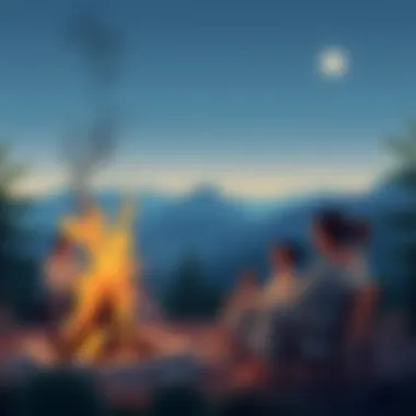 A group of campers enjoying a bonfire with mountains in the background