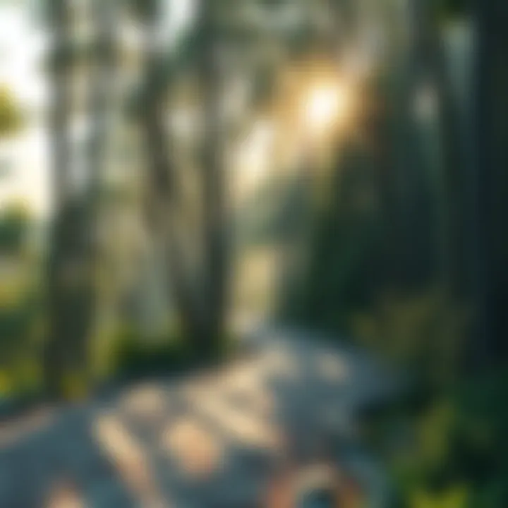 A panoramic view of a sunlit forest trail leading to a hidden camping spot