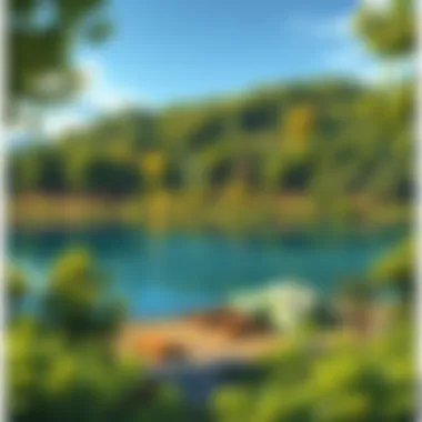 A serene campsite by a crystal-clear lake surrounded by lush greenery