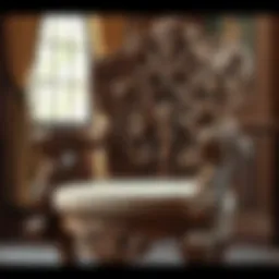 Intricate wood carving details on an ornate armchair