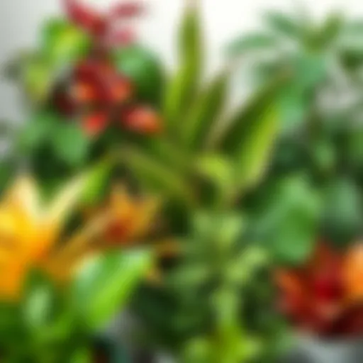Various indoor plants showcasing different leaf shapes and colors