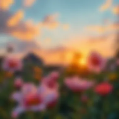 Sunset Serenity in a Blooming Garden A serene garden scene with flowers in full bloom during sunset.