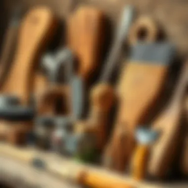 Variety of tools and materials for wood antiquing projects