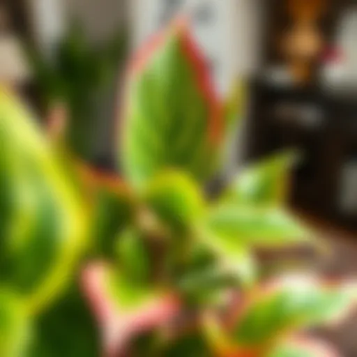 Close-up of a toxic indoor plant displaying vibrant yet dangerous leaves