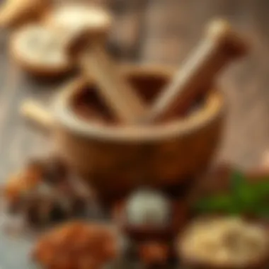 A mortar and pestle with turşu tozu and fresh spices, symbolizing flavor enhancement.