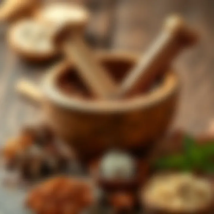 A mortar and pestle with turşu tozu and fresh spices, symbolizing flavor enhancement.