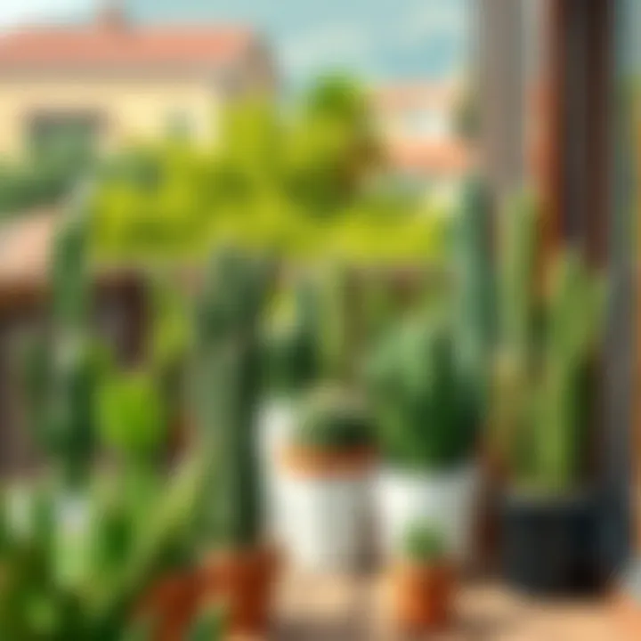 An array of elongated cacti displayed in stylish pots on a balcony