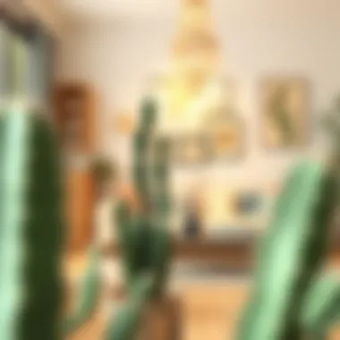 A lush, elongated cactus thriving in a modern living room setting