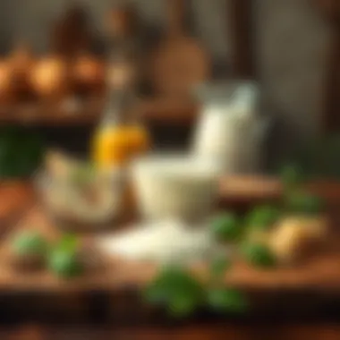 Ingredients for yogurt making on a wooden table